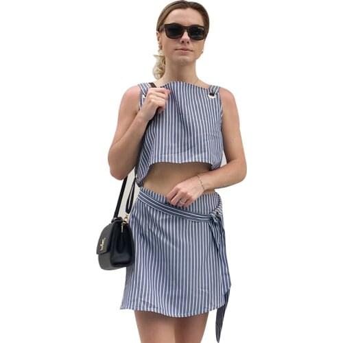AECU Elegant Women Suit Set 2 Piece Skirt Crop Top Off Shoulder Tank Vertical Stripes Mini Skirt Female Suit Set 2021