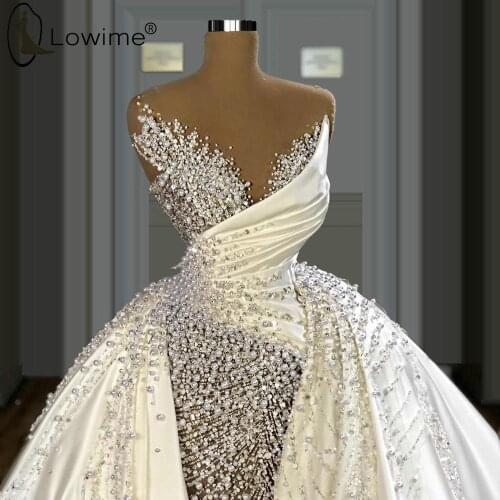 High End Luxury Pearls Satin Wedding Dresses Illusion O Neck Overskirts Wedding Bridal Gowns Custom Made