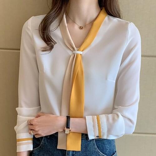 Blusas Blouses Femme Top Tops Women Long Sleeve Chiffon Blouse Shirt Busas Mujer De Moda 2021 Bow V-Neck White Blouse Women E745