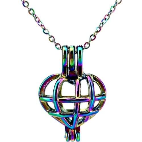 C820 Rainbow Color Heart Cage Pendant Locket Aroma Essential Oil Diffuser Locket Necklace