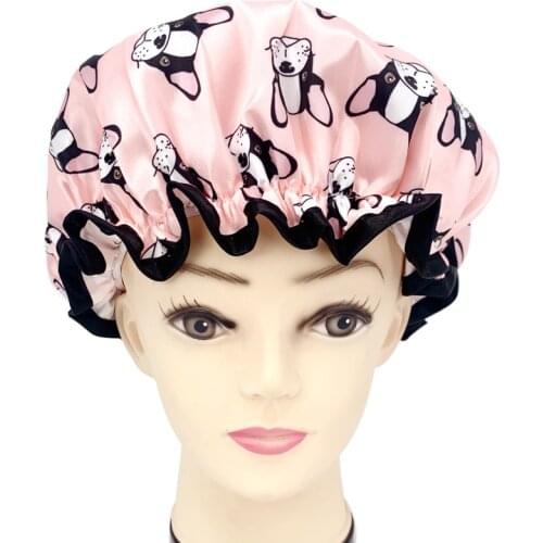 Digital Printed polyester satin fabric double layer dogs shower caps 1 size fit all
