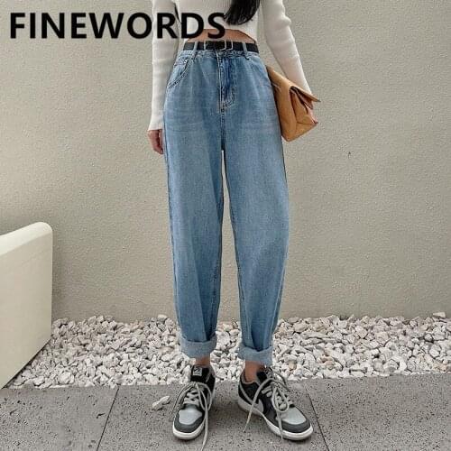 FINEWORDS Vintage Casual Boyfriend High Waisted Jeans Women With Belt Plus Size Loose Streetwear Mom Jeans Korean Wide Leg Jeans