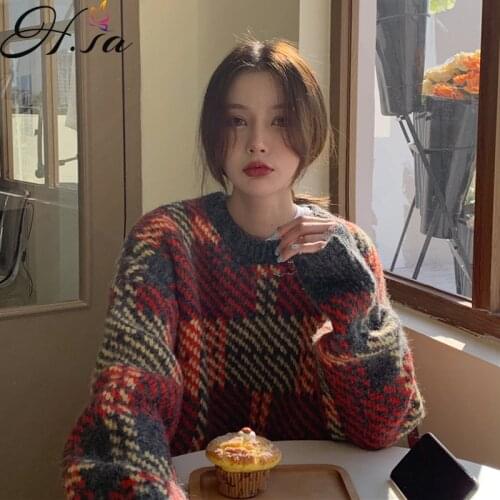 Hsa 2021 Autumn And Winter Retro Houndstoothp Pull Jumpers Loose Long-Sleeved Thicken Oversized Knitted Sweater Femme