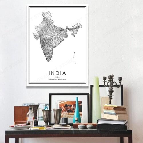 INDIA Art Print Abstract Line Map Canvas Painting Poster Bookstore Wall Picture Decor Black And White