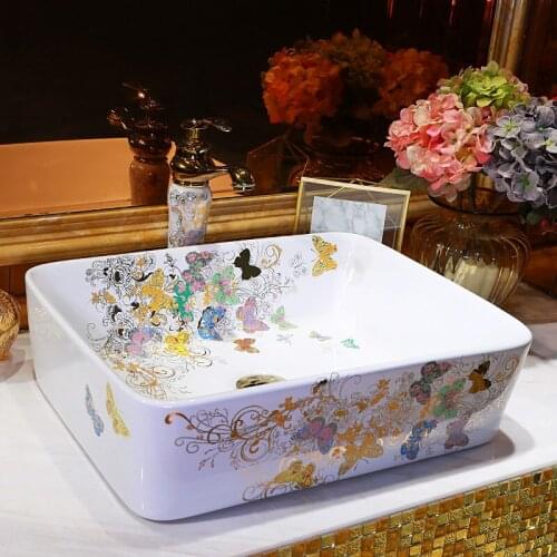 Europe Vintage Style Lavobo Ceramic Washing Basin Counter top Bathroom Sink hand painted vessel sinks rectangular butterfly
