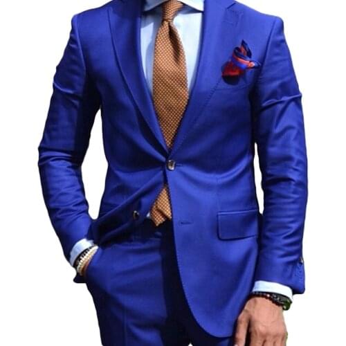 Peak Lapel Royal Blue Slim Fit Grooms Suit 2 Pieces Men Suits Wedding Suits for Men Business Suits (Jacket+Pants)