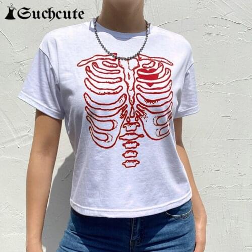 SUCHCUTE Gothic Print y2k Crop Top Harajuku O Neck Casual Basic Tee Shirts For Women Korean Fashion Streetwear 90s Tshirts