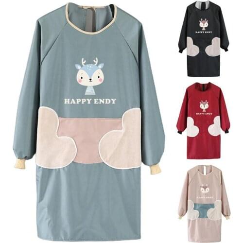 Cartoon Pattern Long Sleeve Cooking Apron Adjustable Straps Kitchen Apron with Hand Towel Oilproof PVC Working Apron with Pocket