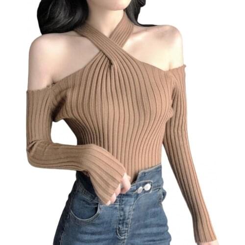 50% Hot Sales Women Sexy Long Sleeve Cold Shoulder Halter Ribbed Pullover Knitwear Slim Blouse