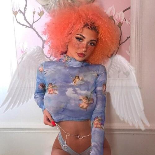 Manubeau New Mesh Cupid Angel Turtleneck T Shirts Stretchy Tops Women Transparent See Through Blue Elastic Skinny Crop Tops