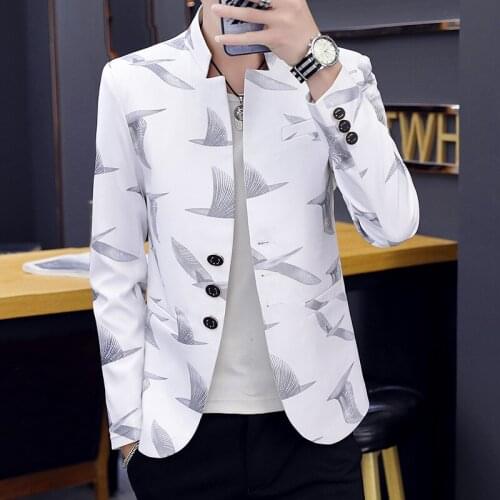 2021 Men Stand Collar Printed Blazer Teenager Slim Fit Casual Handsome Blazer