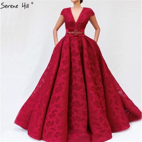 Latest Design Wine Red Lace Prom Dresses 2020 V-Neck Sashes Diamond Sexy A-Line Prom Gowns Serene Hill BLA70053