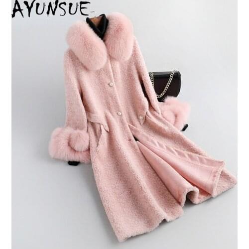 AYUNSUE Winter Long Sheep Shearling Coat Female 2021 Elegant Real Fox Fur Collar Wool Jacket Women Korean Casaco Feminino Gxy347