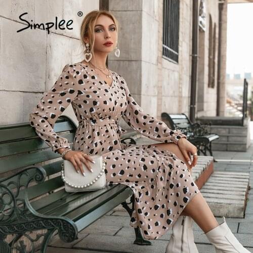 Simplee Beach Leopard A-Line Laides Midi Dress V-Neck Women Lace Up Dress Autumn Full Peasant Sleeve Female Sash Maxi Dress 2021