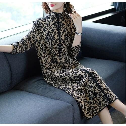 Vintage Plaid Knitted Long Sleeve Turtleneck Dress Women Pockets Casual Sweater Dresses Autumn Winter Women Elegant Dresses