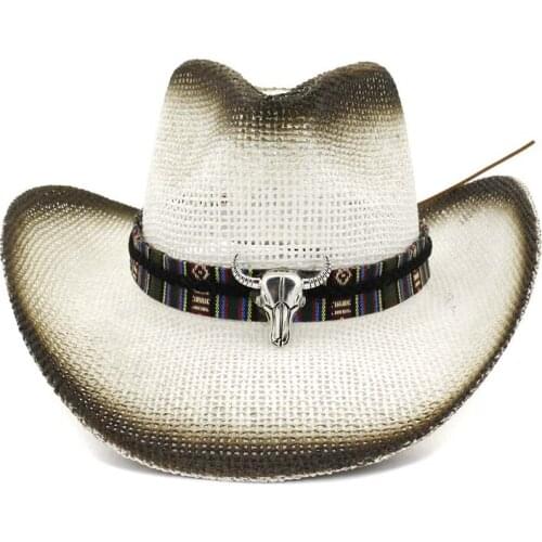 Black Spray Paint Bull Head Decoration Unisex Women Men Panama Style Hat Wide Large Brim Sun Visor Caps Paper Straw Cowboy Hats