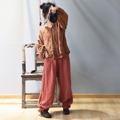 Women Loose Ramie Elastic Waist 2020 Spring Summer Knickerbockers Pants Ladies Vintage Ramie Trousers Female Plus Size Pants