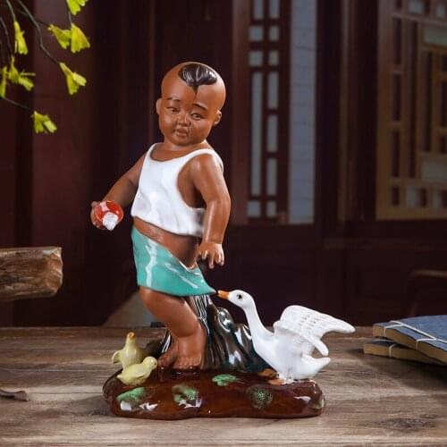 CHINESE STYLE CERAMIC FIGURE ART SCULPTURE FIGURINE CHILD AND DUCK STATUE CREATIVE CERAMIC CRAFTS DECORATIONS FOR HOME R4206