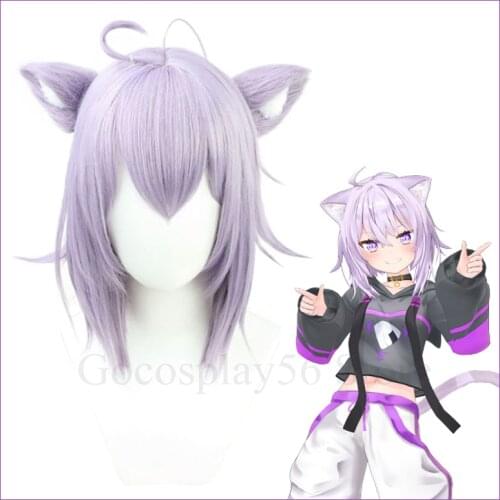 VTuber Nekomata Okayu Wig Ears Hololive Gamers Lilac Straight Short Girls Cosplay Synthetic Hair Holo no Graffiti Role Play