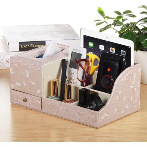 High-quality 5 grids PU leather desk organizer storage box Home remote controller phone holder makeup organizer with tissue box