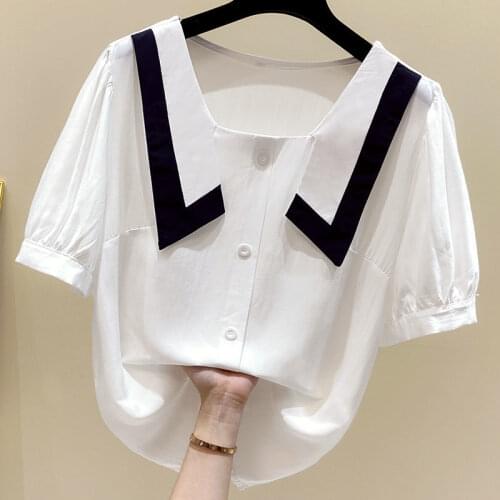 Womens summer 2021 new temperament age reduction all-match design sense color matching doll collar top