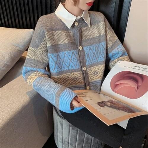 2020 autumn winter women vintage striped pattern cardigan vintage jumper lady fashion knitted cardigan coat