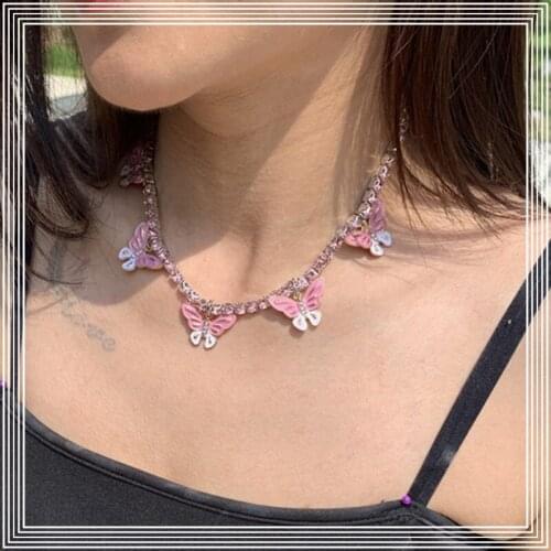 New 2021 Pink White Butterfly Necklace Female Simple Style Student Cool Choker Tassel Necklaces for Women Accessories Jewelry