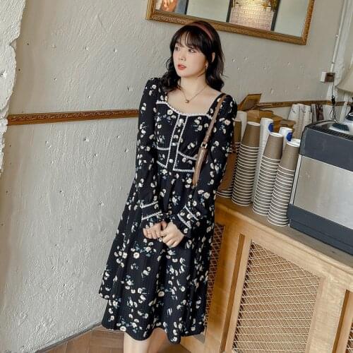 Womens Spring Square Neck Printed Button Lace Dress Plus Size Knee Length Casual Wear 100kg Can Wear