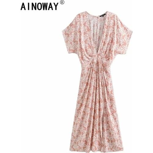 Vintage chic women pink Floral print Split beach Bohemian maxi dresses Ladies deep V neck rayon Boho dress robe vestidos