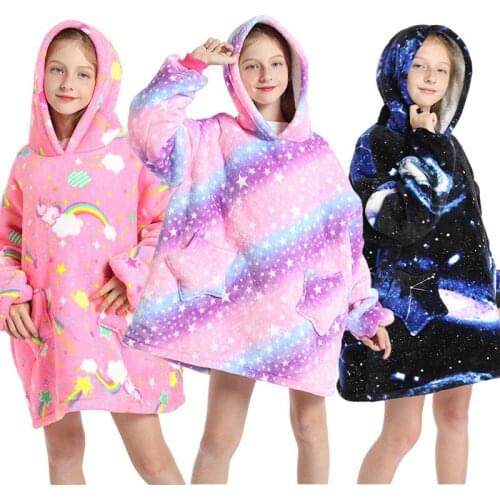 Winter Hood Sweatshirt Kids Clothes Unicorn Printed Sherpa Blanket Children Girls TV Blanket Boys Oversized Pullovers Sweat Coat