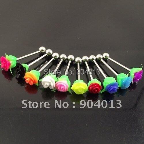 1Piece 14G Free shipping Stainless Steel love Rose Flower Tongue Ring Flowers Tongue Nail Rings Barbell Body Piercing Jewelry