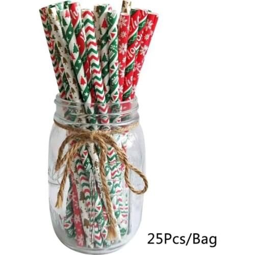 25pcs/SET Christmas Paper Straws Snowflake Drinking Straw Merry Christmas Decorations For Home Xmas New Year Party Supplies