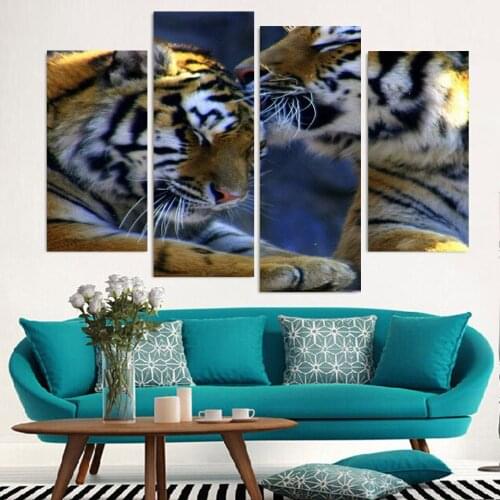 4 Panel Canvas Art Canvas Painting Tigers Tender Caring HD Printed Wall Art Poster Home Decor Picture paniting for Living Room