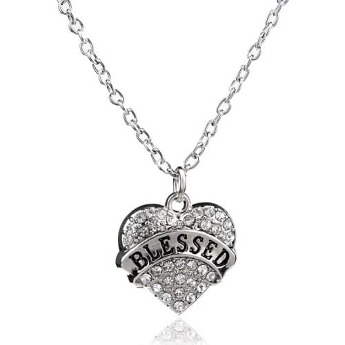 Bespmosp 24PCS/Lot Wholesale Encouraged Word Blessed Best Wish Charms Pendant Necklace Jewelry Clear Crystal Rhinestone Heart