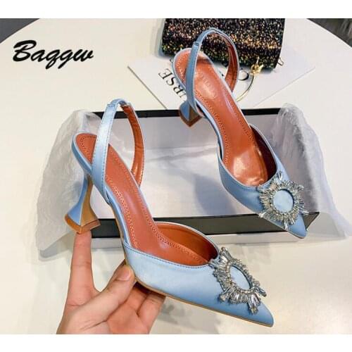 Women Sandals Diamond Buckle Decoration Satin Pointed Toe Ladies High Heels Shoes Fashion Elegant Sexy Party Glass Heel Pumps