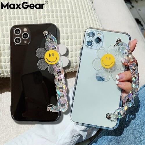 Candy Color Case+Wrist Strap Handy Chain Holder For iPhone 11 Pro Max XS XR X 6 6S 7 8 Plus SE 2020 Cute Flower Soft Clear Cover