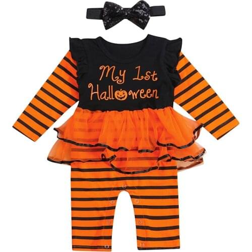 2021 Babys Halloween Girls Two-piece Clothes Set Stripe And Letters Printed Pattern Romper And Headdress Childrens Clothing