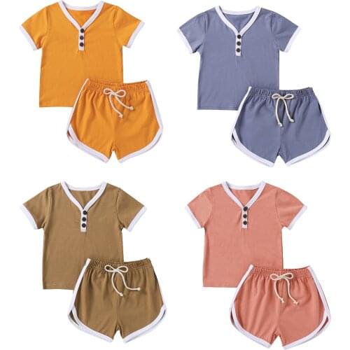 3M-4Years Children’s T-shirt and Shorts Set Fashion Solid Color Button Short Sleeve Tops and Bandage Short Pants