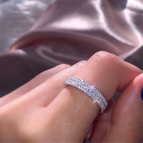 Exquisite Three Rows of Crystals Womens Ring For Engagement Party Wedding Jewelry Hand Accessories Size 5-12