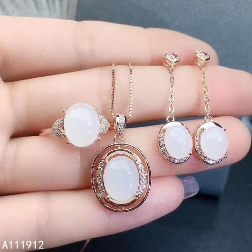 KJJEAXCMY fine jewelry natural white jade 925 sterling silver women pendant necklace ring earrings set support test classic