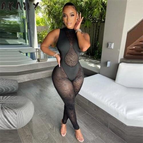 Akaily Summer Mesh See Through Jumpsuit Women Black Sleeveless Zipper Bodycon Jumpsuit Ladies Sexy Club One Piece Outfit 2021