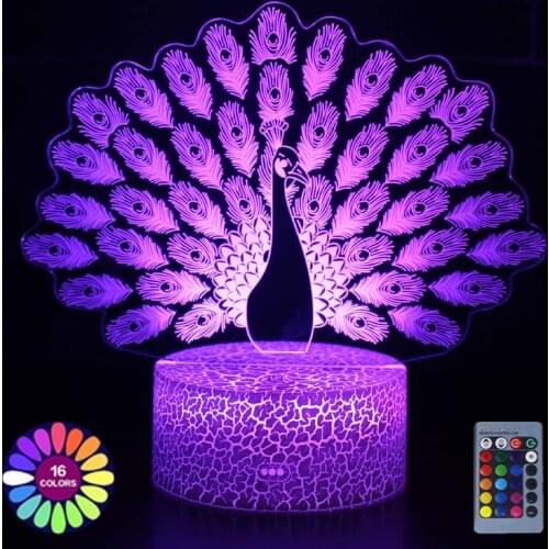 Small Night Lights 3D Peacock 7 Color Changing LED Gift Acrylic Table Lamp Touch Remote Control Home Room Decoration Desk Lamp