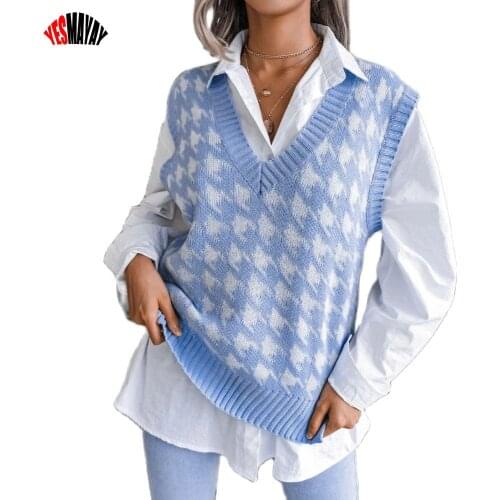 Fashion Sweater Vest Women Casual Houndstooth Print Pullover Tops Knitted Vest Autumn Winter Sleeveless V-Neck Tank Pull 2021