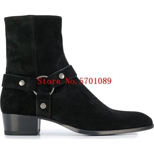 Man Buckle Ankle Boots Black Suede Wyatt Ankle Boots Almond Toe Mid High Block Heel Harness Chelsea Boots Shoes