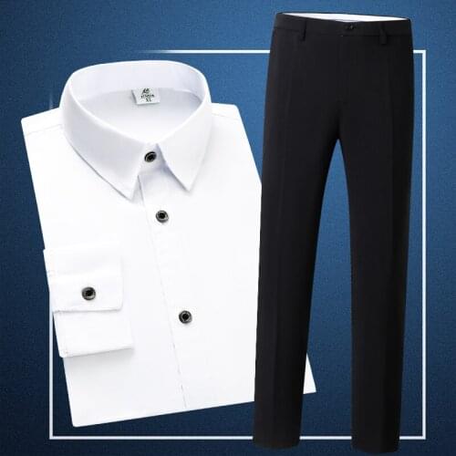 Summer Mens Cotton Blends Long Sleeve Business Casual Shirt Long Trousers 2 Pieces Set Career Office Sets B88