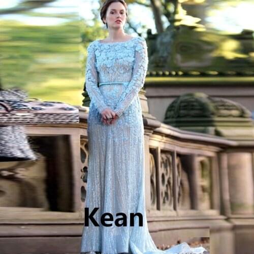 Sky Blue Evening Dress Full Sleeve Illusion Beads Islamic Dubai Kaftan Saudi Arabic Evening Gown Prom Dress vestidos de festa