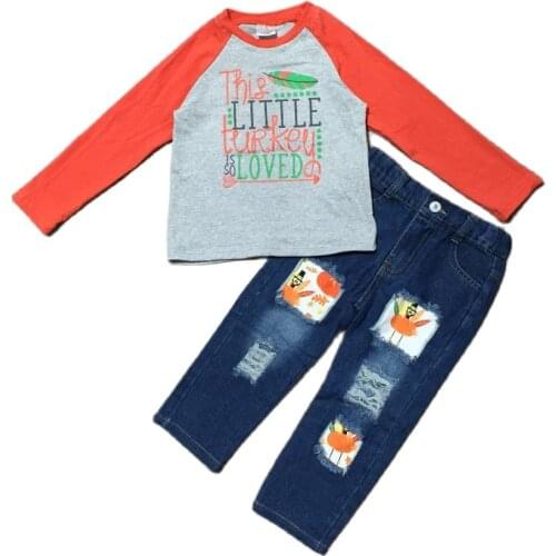 Girlymax Fall Autumn Little Turkey is so Loved Top Long Sleeve Baby Boys Grey Top Denim Jeans Pants Set Kids Clothing