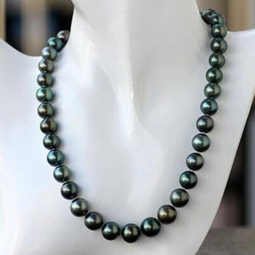 9-10MM NATURAL TAHITIEN GENUINE BLACK GREEN ROUND PEARL NECKLACE 925 silver