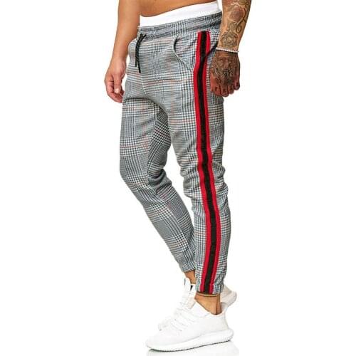 Plus Size Men Skinny Pants Plaid Side Stripes Drawstring Ankle Tied Casual Skinny Trousers Sweatpants Sports Pants