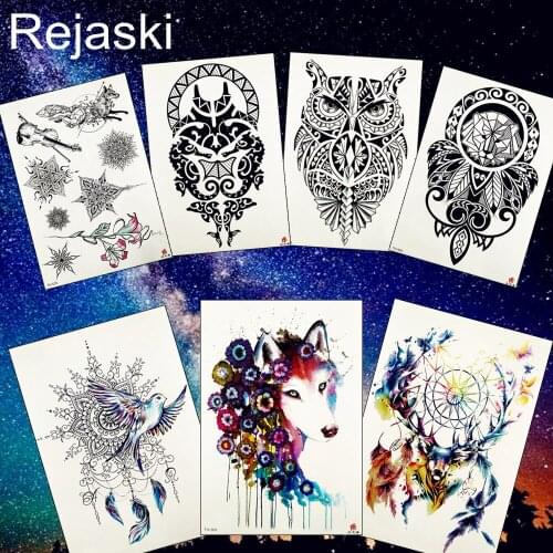 REJASKI Totem Owl Geometric Lion Black Henna Temporary Tattoo Sticker Chains Wolf Tattoos Dreamcatcher Fake Tatoo Body Art Arm